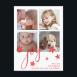 Cartes Pour Fêtes Annuelles Collage photo mignonne Red Joy Christmas<br><div class="desc">Envoyez la joie des fêtes avec cette carte postale moderne de Noël avec le salut, "Joy" et les fleurs poinsettia en craie rouge et un collage de quatre photos carrés sur un arrière - plan blanc. Le côté arrière a votre message personnel et votre adresse de retour pour faciliter l'envoi....</div>