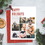 Cartes Pour Fêtes Annuelles Collage photo minimaliste moderne de la famille de<br><div class="desc">Cette magnifique carte de Noël "Joyeuses Fêtes" de famille vous permet d'ajouter vos noms, et un message au dos en typographie élégante, ainsi que de la place pour ajouter votre propre montage photo (avec espace pour sept photos). L'arrière est également orné d'un motif de Noël rouge moderne, qui accentue magnifiquement...</div>