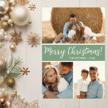 Cartes Pour Fêtes Annuelles Collage photo moderne<br><div class="desc">Cette fabuleuse carte de vacances 3 photos avec "Joyeux Noël!" dans une police de caractères de script moderne et votre nom de famille et année dans une police de caractères casquettes traditionnelle et nette, en blanc sur vert eucalyptus avec un dos assorti, est parfaite pour envoyer à votre famille et...</div>