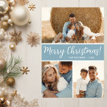 Cartes Pour Fêtes Annuelles Collage photo moderne<br><div class="desc">Cette fabuleuse carte de vacances 3 photos avec "Joyeux Noël!" dans une police de caractères de script moderne et votre nom de famille et année dans une police de caractères casquettes traditionnelle et nette, toutes deux en blanc sur bleu poussiéreux avec un dos bleu poussiéreux assorti, est parfaite pour envoyer...</div>