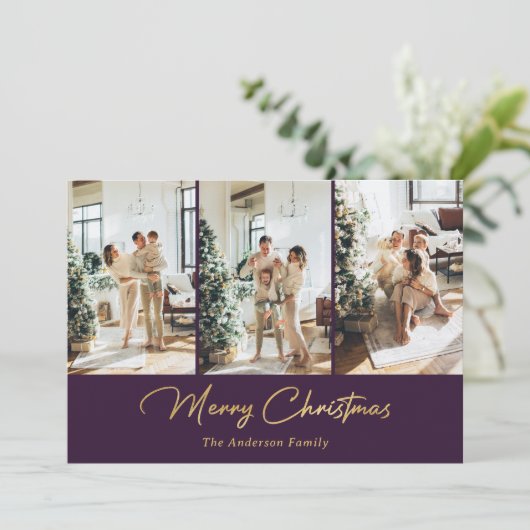 Cartes Pour Fêtes Annuelles Collage photo violet et or Joyeux Noël (Debout devant)