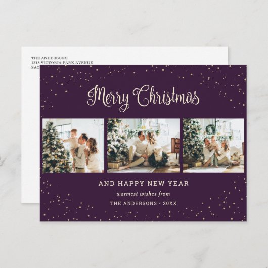 Cartes Pour Fêtes Annuelles Collection photo moderne de neige violette Noël (Devant / Derrière)