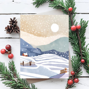 Cartes Pour Fêtes Annuelles Colline enneigée   Hiver à l'aquarelle