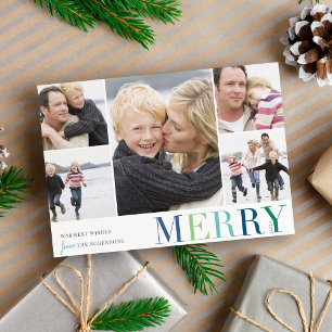 Cartes Pour Fêtes Annuelles Colorful Collage Merry & Bright 5 Photo Holiday