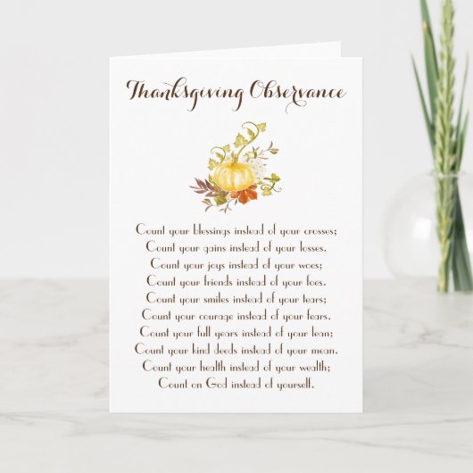 Cartes Pour Fêtes Annuelles Comptez vos bénédictions Poème d'Action de grâce (Devant)