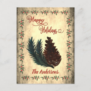 Cartes Pour Fêtes Annuelles Cône de pin vintage calligraphie rouge Joyeuses Fê