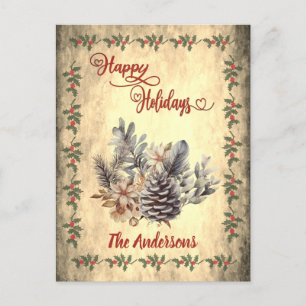 Cartes Pour Fêtes Annuelles Cône de pin vintage calligraphie rouge Joyeuses Fê