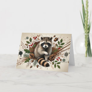 Cartes Pour Fêtes Annuelles Cônes de pin Raton laveur rustique Baies de houx G