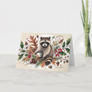 Cartes Pour Fêtes Annuelles Cônes de pin Raton laveur rustique Baies de houx G
