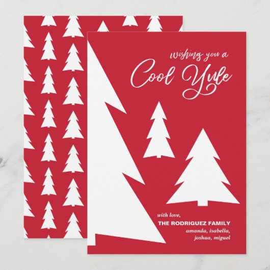 Cartes Pour Fêtes Annuelles Cool blanc rouge moderne Yule Script Arbres géomét (Devant / Derrière)