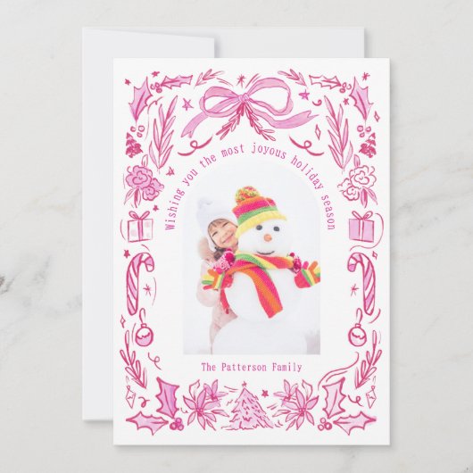 Cartes Pour Fêtes Annuelles Coquette Famille de Noël Photo Red Pink Doodle (Devant)