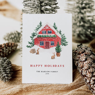 Cartes Pour Fêtes Annuelles Cosy Aquarelle Rouge Cottage Forêt À feuillage per