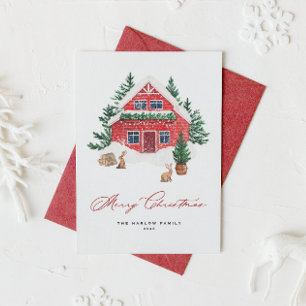 Cartes Pour Fêtes Annuelles Cosy Aquarelle rouge Noël Cottage rustique