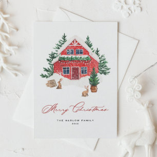 Cartes Pour Fêtes Annuelles Cosy Aquarelle rouge Noël Cottage rustique