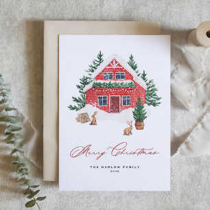 Cartes Pour Fêtes Annuelles Cosy Aquarelle rouge Noël Cottage rustique