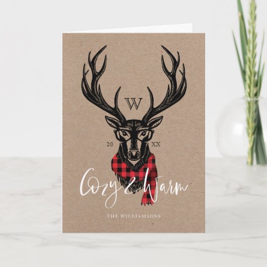 Cartes Pour Fêtes Annuelles Cosy et Chaud | Plaid Rouge Buffle Cerf Monogramme (Devant)