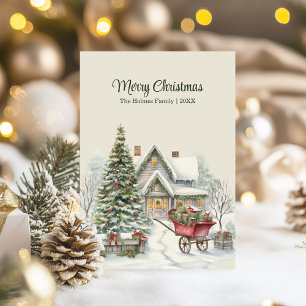 Cartes Pour Fêtes Annuelles Cottage de Noël rustique avec arbre et Wagon rouge