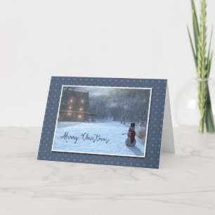 Cartes Pour Fêtes Annuelles Cottage et bonhomme de neige d'hiver dans le clair