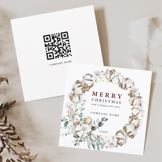 Cartes Pour Fêtes Annuelles Cotton Flower Wreath Holiday Card with QR Code