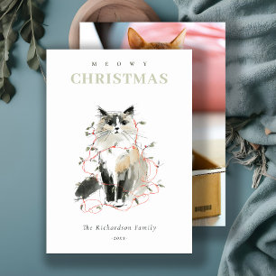 Cartes Pour Fêtes Annuelles Couleur d'aquarelle Meowy Feux de Noël Chat