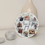 Cartes Pour Fêtes Annuelles Couleur d'eau naturellement joyeux Collage photo r<br><div class="desc">Envoyez des voeux de vacances à vos amis et à votre famille dans le style chic avec nos élégantes cartes photo collage dans une forme ronde unique. Une couronne d'aquarelle peinte en vert clair encadre huit de vos photos carrés préférées disposées dans un montage avec "Amour & Joy" au centre....</div>