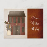 Cartes Pour Fêtes Annuelles Country Prim Snowman & Saltbox House Design<br><div class="desc">cette jolie maison de campagne avec un bonhomme de neige debout à côté d'une saltbox house... </div>