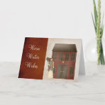 Cartes Pour Fêtes Annuelles Country Prim Snowman & Saltbox House Design<br><div class="desc">cette jolie maison de campagne avec un bonhomme de neige debout à côté d'une saltbox house... </div>