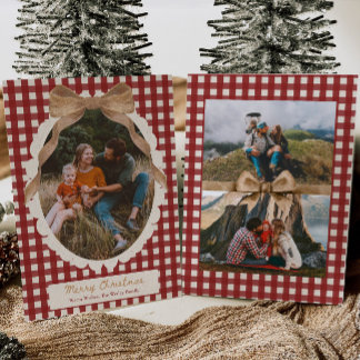 Cartes Pour Fêtes Annuelles Country Red Gingham Bow Photo Christmas Card
