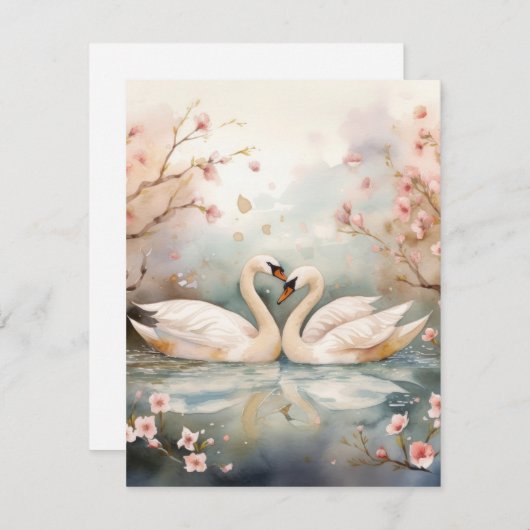 Cartes Pour Fêtes Annuelles Couple de cygnes à l'aquarelle (Devant / Derrière)