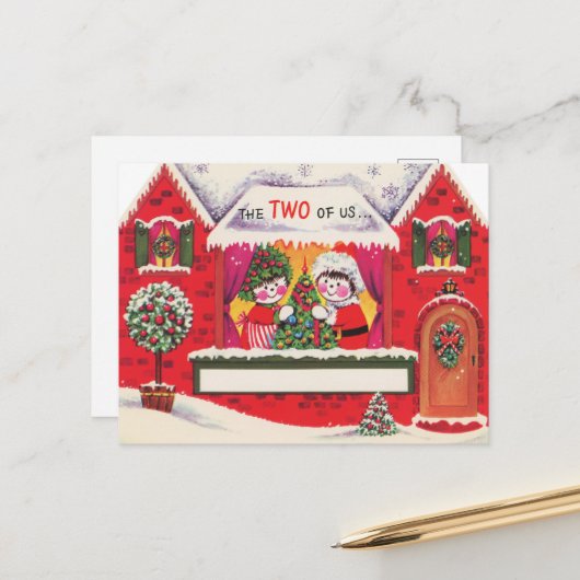 Cartes Pour Fêtes Annuelles couple de neige de Noël rétro (Devant/Arrière en situation)