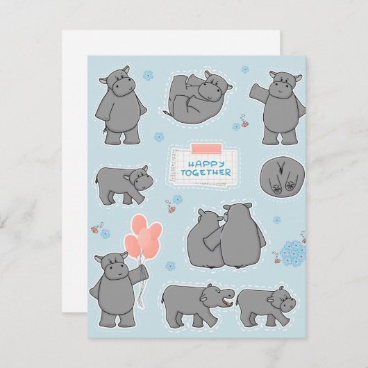 Cartes Pour Fêtes Annuelles Couple d'hippopotames Heureux ensemble (Devant / Derrière)