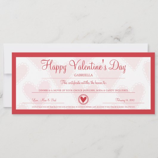 Cartes Pour Fêtes Annuelles Coupon de la Saint Valentin (Devant)