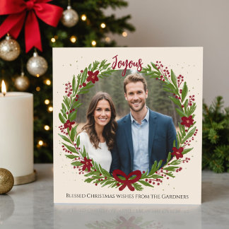 Cartes Pour Fêtes Annuelles Couronne aquarelle chic nœud vert rouge moderne ph