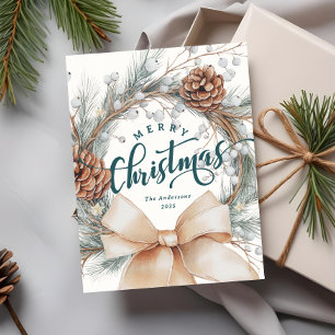 Cartes Pour Fêtes Annuelles Couronne botanique élégante avec Joyeux Noël en éc