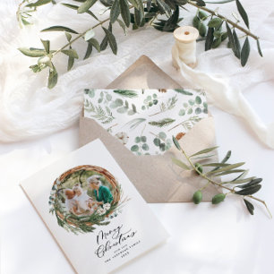 Cartes Pour Fêtes Annuelles Couronne botanique moderne script de Noël 1 photo