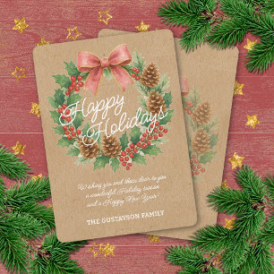 Cartes Pour Fêtes Annuelles Couronne de décembre élégante avec ruban rose aqua