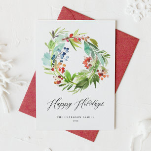 Cartes Pour Fêtes Annuelles Couronne de genévrier et de houx aquarelle Joyeuse