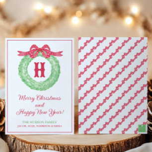 Cartes Pour Fêtes Annuelles Couronne de monogramme à nœud à pois rouge aquarel