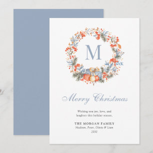 Cartes Pour Fêtes Annuelles Couronne de monogramme élégant bleu poussiéreux mo