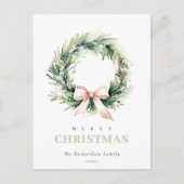 Cartes Pour Fêtes Annuelles Couronne de Noël à l'aquarelle vert blush doux (Devant)