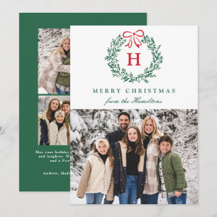 Cartes Pour Fêtes Annuelles Couronne de Noël à ruban rouge élégant Monogramme