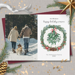 Cartes Pour Fêtes Annuelles Couronne de Noël aquarelle rustique Gui