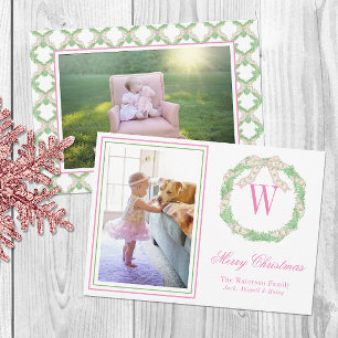 Cartes Pour Fêtes Annuelles Couronne de Noël avec monogramme photo rose et ver