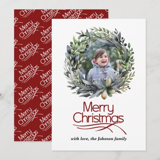 Cartes Pour Fêtes Annuelles Couronne de Noël avec photo de verdure (Devant / Derrière)