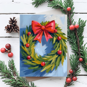 Cartes Pour Fêtes Annuelles Couronne de Noël avec Ruban Rouge Aquarelle