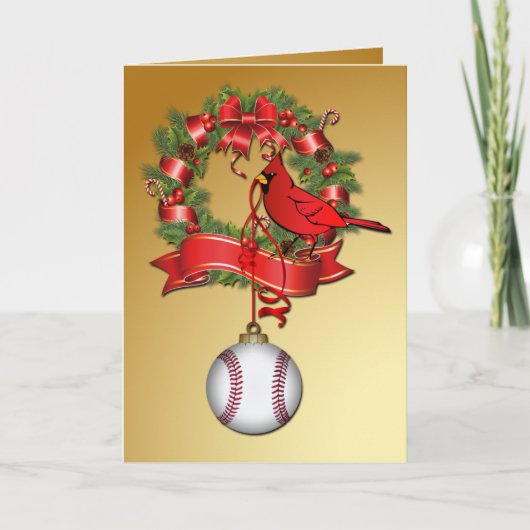 Cartes Pour Fêtes Annuelles Couronne de Noël de baseball avec Red Bird (Devant)