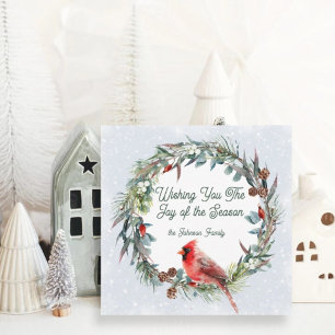 Cartes Pour Fêtes Annuelles Couronne de Noël forestière, Cardinal, Flocons de