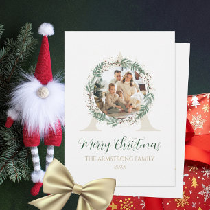 Cartes Pour Fêtes Annuelles Couronne de Noël Photo Monogramme Vert de Forêt