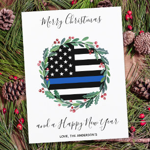 Cartes Pour Fêtes Annuelles Couronne de Noël Police Thin Blue Line