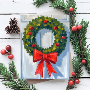 Cartes Pour Fêtes Annuelles Couronne de Noël Ruban Rouge Aquarelle Blanche